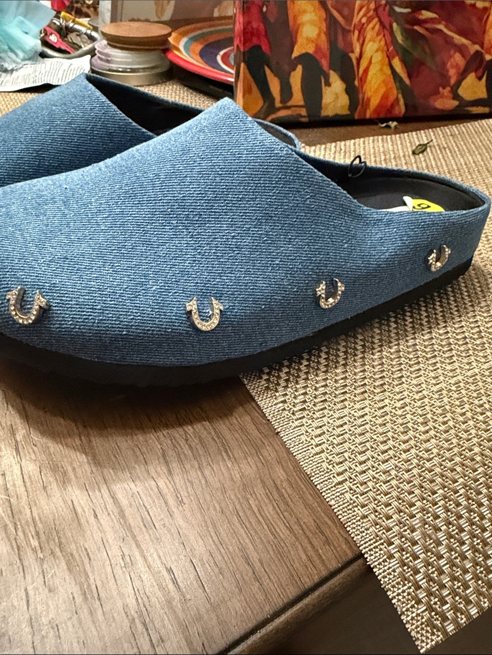 True Religion Denim Blue Slip-On Mules with Horseshoe Studs - Picture 11 of 17